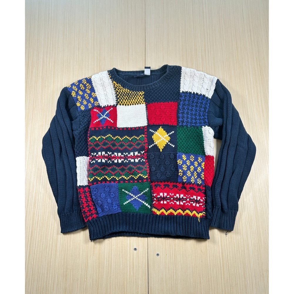Vintage Liz Sport Sweater Women Medium Multicolor Patchwork Knit Cotton Pullover